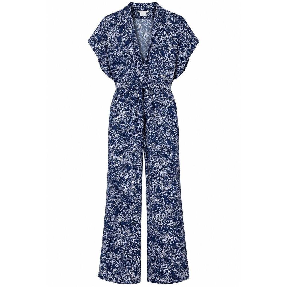 H&M Women’s Size 8 Navy White Floral Wide Leg Jumpsuit Resort Boho